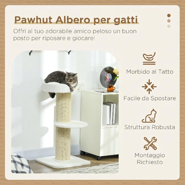 AllMyPets Albero Tiragraffi per Gatti con Lettino Rivestimento Peluche e Palo in Sisal 45x45x91 cm colore Crema