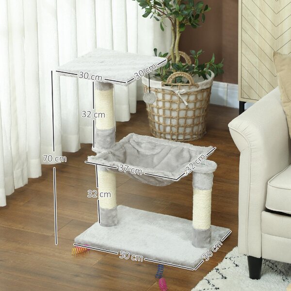 AllMyPets Albero Tiragraffi per Gatti Multilivello con Amaca e Pallina Appesa in Legno e Peluche 50x36x70 cm colore Grigio Chiaro