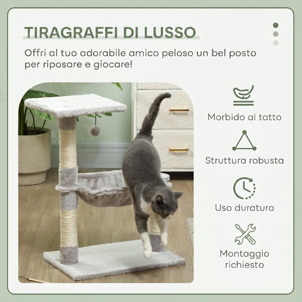 AllMyPets Albero Tiragraffi per Gatti Multilivello con Amaca e Pallina Appesa in Legno e Peluche 50x36x70 cm colore Grigio Chiaro
