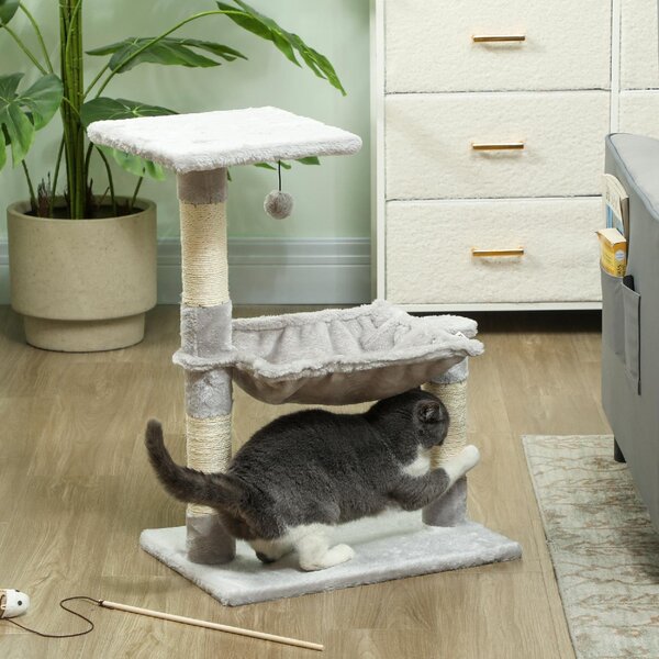 AllMyPets Albero Tiragraffi per Gatti Multilivello con Amaca e Pallina Appesa in Legno e Peluche 50x36x70 cm colore Grigio Chiaro