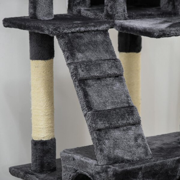 AllMyPets Albero Tiragraffi per Gatti con 3 Posatoi 2 Casette e Giochi Appesi in Legno e Peluche colore Grigio Scuro