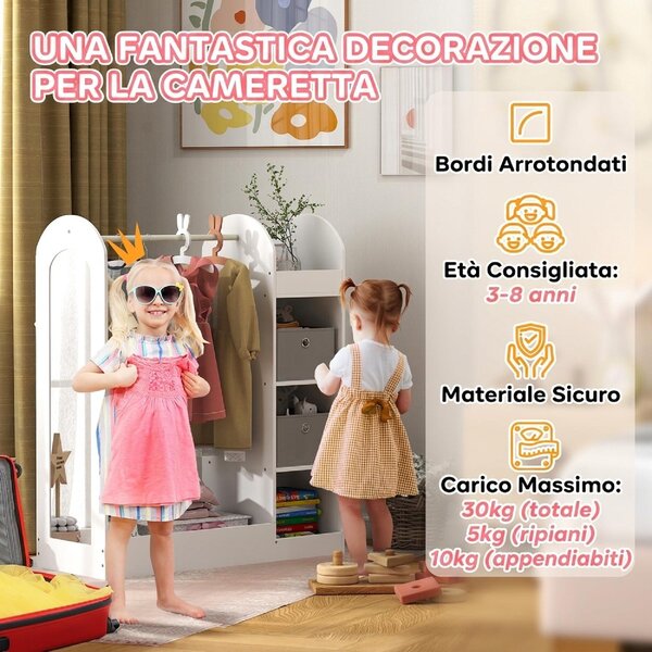 DecHome Appendiabiti per Bambini 3-8 Anni con Ripiani Asta Appendiabiti e Specchio Capacit 30 kg colore Bianco