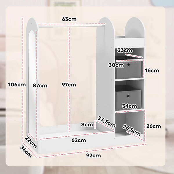 DecHome Appendiabiti per Bambini 3-8 Anni con Ripiani Asta Appendiabiti e Specchio Capacit 30 kg colore Bianco
