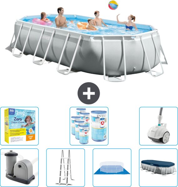 Piscina Intex Oval Prism Frame - 503 x 274 x 122 cm - Grigio - inclusa pompa - scaletta - telo di fondo - pacchetto di manutenzione della copertura - filtro - aspirapolvere