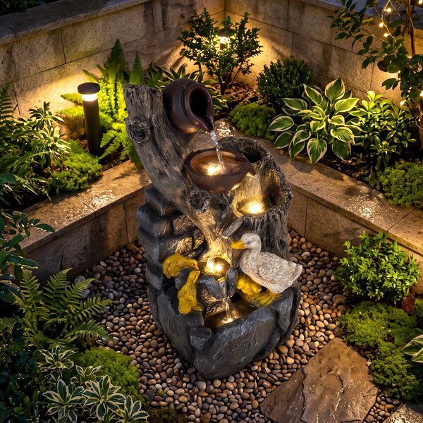 Costway Fontana da giardino con illuminazione led e pompa, Fontana a cascata in resina effetto pietra e legno con anatre