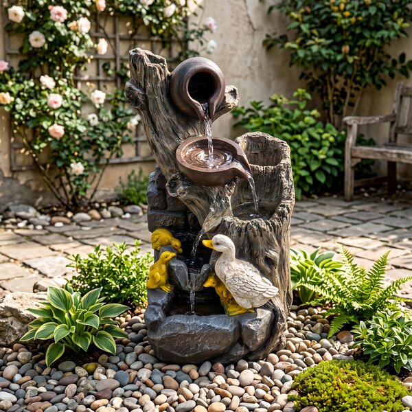 Costway Fontana da giardino con illuminazione led e pompa, Fontana a cascata in resina effetto pietra e legno con anatre