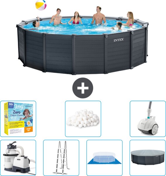 Piscina rotonda Intex con pannello grigio grafite - 478 x 124 cm - inclusa pompa - scaletta - telo di fondo - pacchetto manutenzione copertura - sfere filtranti - aspirapolvere