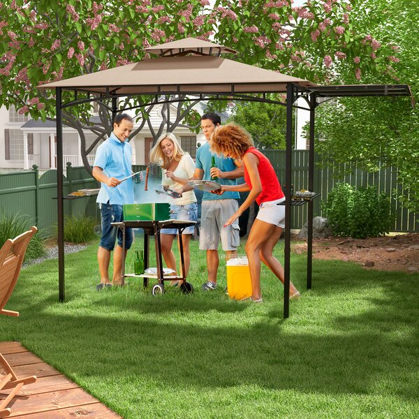 Costway Gazebo per barbecue con tendalino laterale tetto a 2 livelli 2 ripiani laterali, Rifugio per barbecue Beige