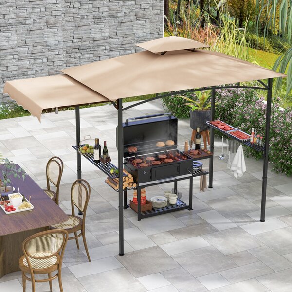 Costway Gazebo per barbecue con tendalino laterale tetto a 2 livelli 2 ripiani laterali, Rifugio per barbecue Beige