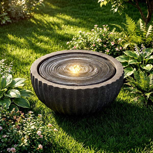 Costway Fontana da giardino con effetto di pietra a forma di ciotola, Fontanella elettrica in resina con luci e flusso d'acqua regolabile
