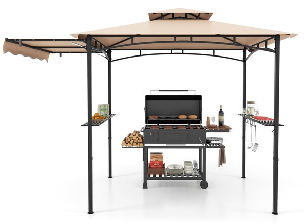 Costway Gazebo per barbecue con tendalino laterale tetto a 2 livelli 2 ripiani laterali, Rifugio per barbecue Beige