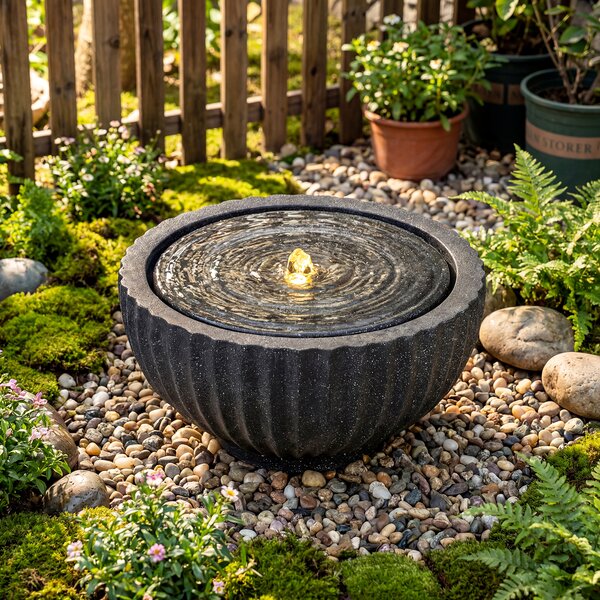 Costway Fontana da giardino con effetto di pietra a forma di ciotola, Fontanella elettrica in resina con luci e flusso d'acqua regolabile