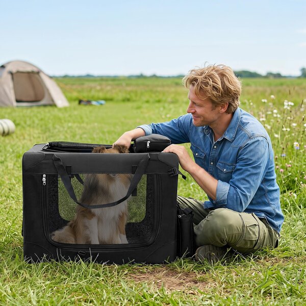 Costway Trasportino per cani e gatti con 2 tasche portaoggetti e 2 manici, Borsa per cani con morbido cuscino parte superiore apribile M Nero