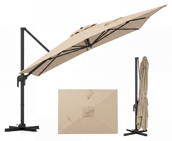Costway Ombrellone da giardino quadrato con 8 stecche rotazione a 360° e 5 posizioni di inclinazione, Ombrellone decentrato da esterno Beige
