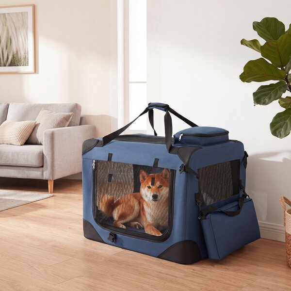 Costway Trasportino per cani e gatti con 2 tasche portaoggetti e 2 manici, Borsa per cani con morbido cuscino parte superiore apribile M Blu