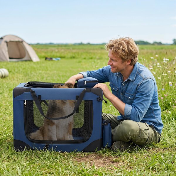 Costway Trasportino per cani e gatti con 2 tasche portaoggetti e 2 manici, Borsa per cani con morbido cuscino parte superiore apribile M Blu