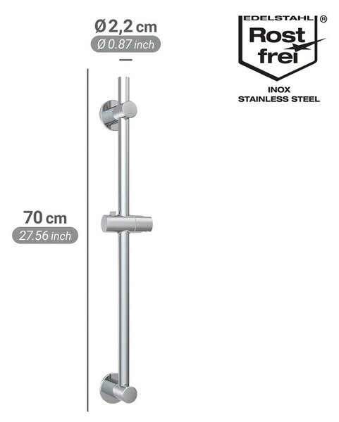 Asta per doccia senza foratura color argento lucido in acciaio inox con supporto scorrevole 70 cm – Wenko