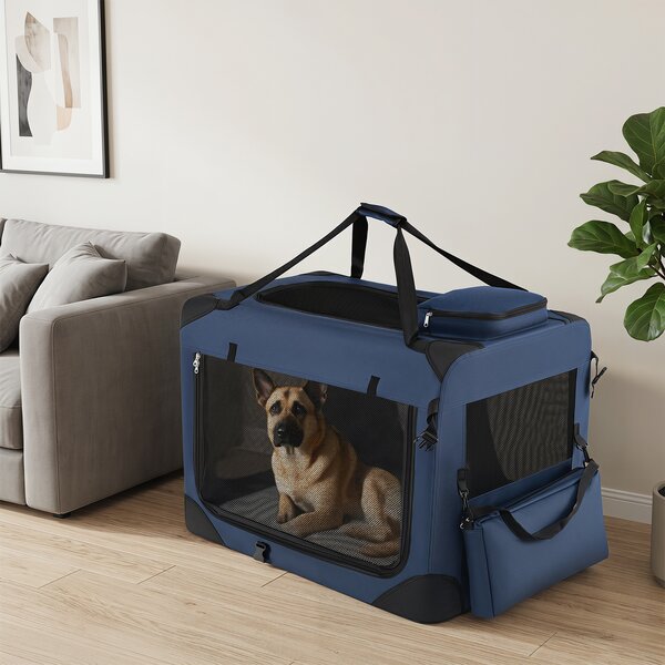 Costway Trasportino per cani e gatti con 2 tasche portaoggetti e 2 manici, Borsa per cani con morbido cuscino parte superiore apribile L Blu