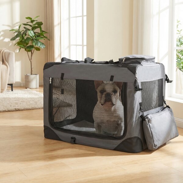 Costway Trasportino per cani e gatti con 2 tasche portaoggetti e 2 manici, Borsa per cani con morbido cuscino parte superiore apribile L Grigio