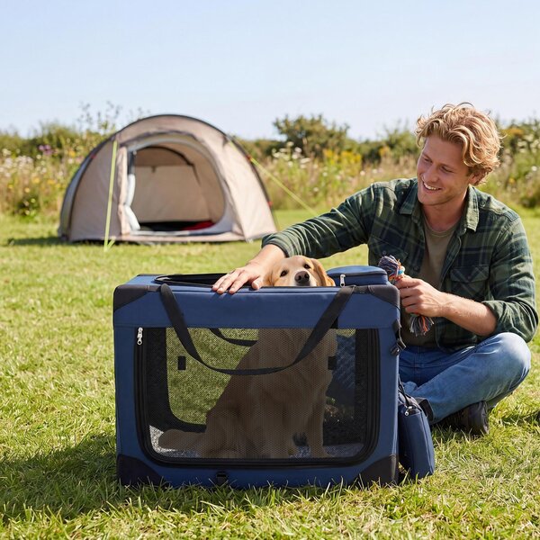 Costway Trasportino per cani e gatti con 2 tasche portaoggetti e 2 manici, Borsa per cani con morbido cuscino parte superiore apribile L Blu