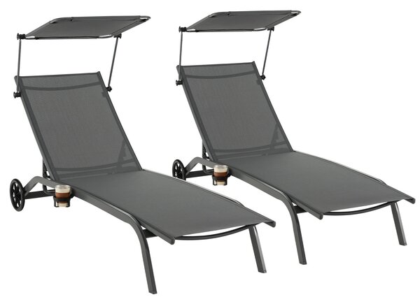 Costway Lettino prendisole da giardino con ruote tettuccio parasole portabicchieri, Set di 2 sedie a sdraio da piscina Grigio
