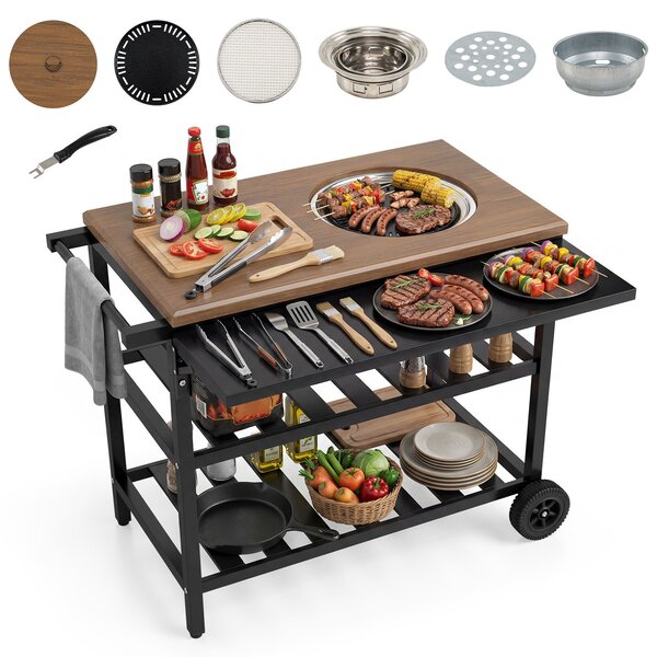 Costway Carrello per barbecue con forno smontabile griglie e teglie in metallo, Carrello cucina da esterno carrellino con ruote