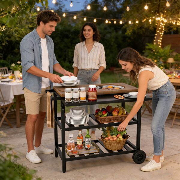 Costway Carrello per barbecue con forno smontabile griglie e teglie in metallo, Carrello cucina da esterno carrellino con ruote