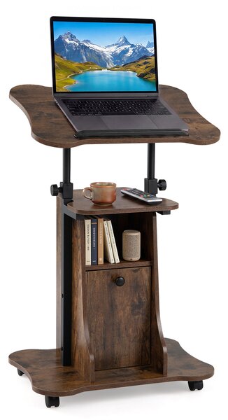 Costway Tavolino porta pc con ruote piano inclinabile ripiano vano e armadietto, Scrivania per laptop altezza regolabile Marrone