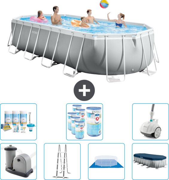 Piscina Intex Oval Prism Frame - 610 x 305 x 122 cm - Grigio - inclusa pompa - scaletta - telo di fondo - pacchetto manutenzione copertura - filtro - aspirapolvere