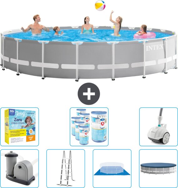 Piscina Intex Round Prism Frame - 610 x 132 cm - Grigio - inclusa pompa - scala - telo di fondo - pacchetto di manutenzione della copertura - filtro - aspirapolvere