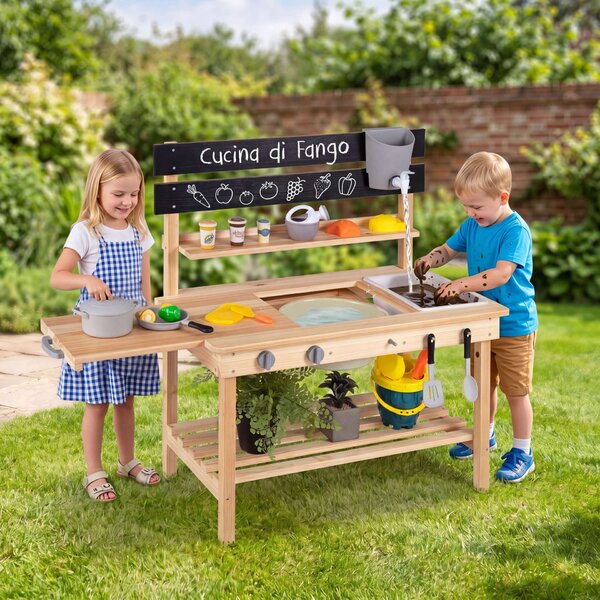 Costway Cucina giocattolo in legno massello con piano allungabile lavagna utensili, Cucinetta da esterno per bambini 3+ anni