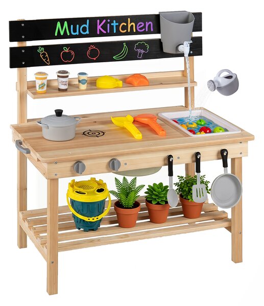 Costway Cucina giocattolo in legno massello con piano allungabile lavagna utensili, Cucinetta da esterno per bambini 3+ anni