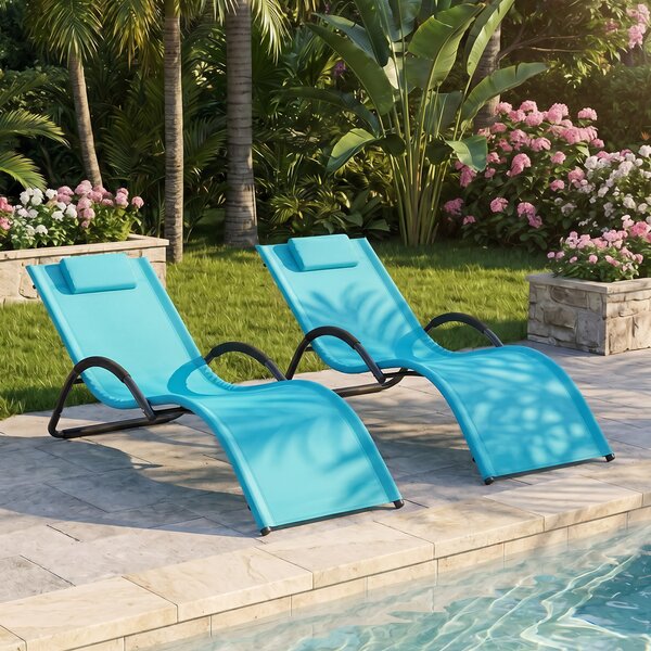 Costway Sedia a sdraio da esterno con poggiatesta rimovibile, Lettino prendisole da spiaggia con struttura curva ergonomica portata 160 kg Blu