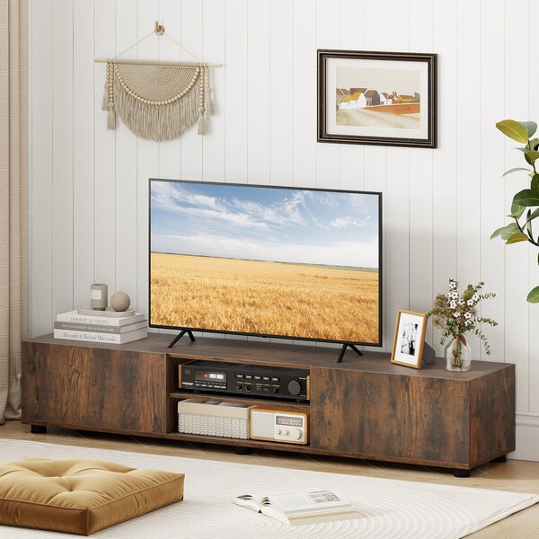 Costway Mobile porta tv fino a 70" con 2 mobiletti 2 ripiani aperti, Supporto tv con 6 gambe di sostegno 160 x 35 x 30 cm Marrone