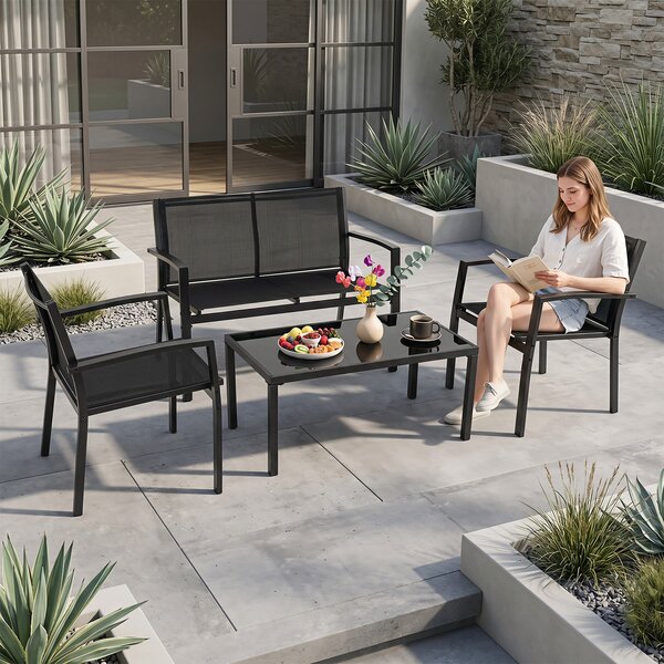Costway Salotto da giardino esterno 4 pezzi con piano in vetro temperato, Set mobili da giardino con 1 divano 2 posti 2 poltrone e 1 tavolino