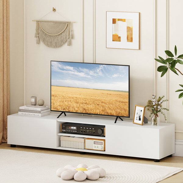 Costway Mobile porta tv fino a 70" con 2 mobiletti 2 ripiani aperti, Supporto tv con 6 gambe di sostegno 160 x 35 x 30 cm Bianco