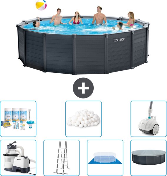 Piscina rotonda Intex con pannello grigio grafite - 478 x 124 cm - inclusa pompa - scaletta - telo di fondo - pacchetto manutenzione copertura - sfere filtranti - aspirapolvere