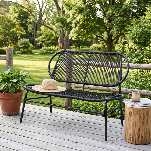 Costway Panchina da esterno in metallo con schienale ergonomico e ampia seduta in rattan, Panca da giardino portata 300 kg