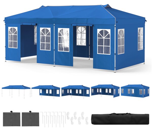 Costway Gazebo da esterno pieghevole 3 x 6 m con pareti rimovibili striscie riflettenti sacchi di sabbia, Tendone pop up regolabile in altezza Blu