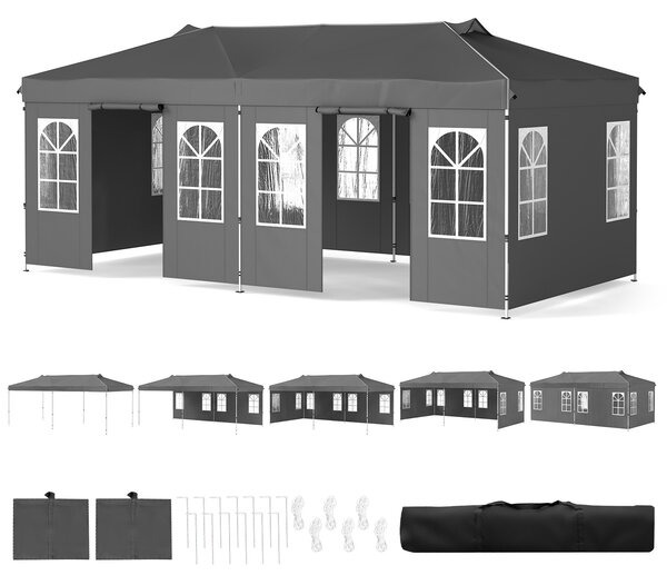 Costway Gazebo da esterno pieghevole 3 x 6 m con pareti rimovibili striscie riflettenti sacchi di sabbia, Tendone pop up regolabile in altezza Grigio