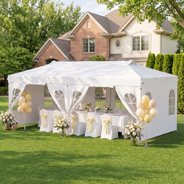 Costway Gazebo da esterno pieghevole 3 x 6 m con pareti rimovibili striscie riflettenti sacchi di sabbia, Tendone pop up regolabile in altezza Bianco