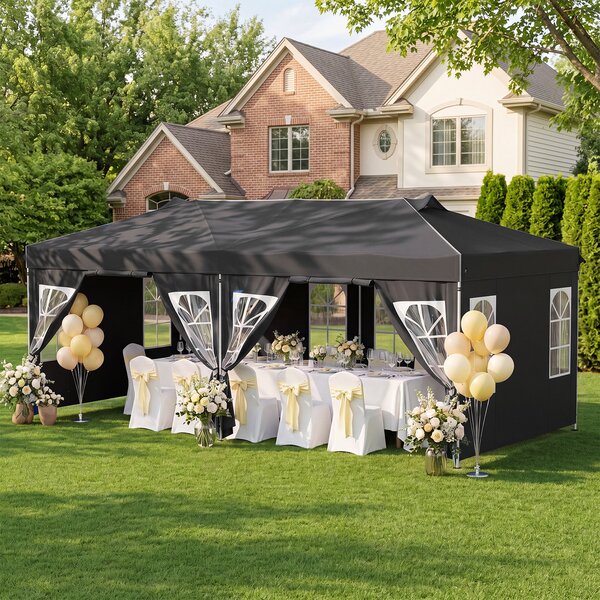 Costway Gazebo da esterno pieghevole 3 x 6 m con pareti rimovibili striscie riflettenti sacchi di sabbia, Tendone pop up regolabile in altezza Nero