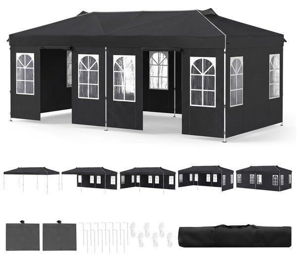 Costway Gazebo da esterno pieghevole 3 x 6 m con pareti rimovibili striscie riflettenti sacchi di sabbia, Tendone pop up regolabile in altezza Nero
