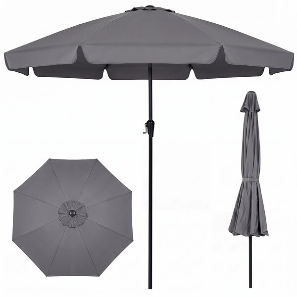 Costway 286 cm Ombrellone da giardino con elegante bordo arricciato 8 stecche, Ombrellone da spiaggia angolo regolabile Grigio