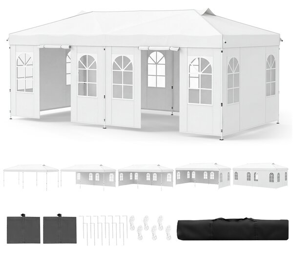 Costway Gazebo da esterno pieghevole 3 x 6 m con pareti rimovibili striscie riflettenti sacchi di sabbia, Tendone pop up regolabile in altezza Bianco