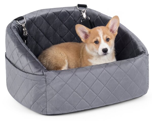 Costway Trasportino auto per cani con cuscino corde di fissaggio tasche, Seggiolino per cani di piccole e medie taglie Grigio