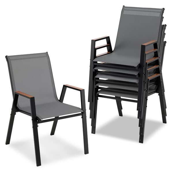Costway Set di 6 sedie da giardino impilabili in tessuto traspirante e acciaio, Poltrone ergonomiche con braccioli portata 180 kg Grigio