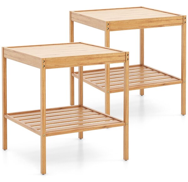 Costway Set di 2 comodini a 2 livelli in bambù, Tavolino quadrato con ripiano inferiore per divano e letto Naturale