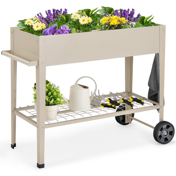 Costway Fioriera da esterno in metallo con ripiano ruote ganci e impugnatura, Aiuola rialzata per ortaggi fiori Beige