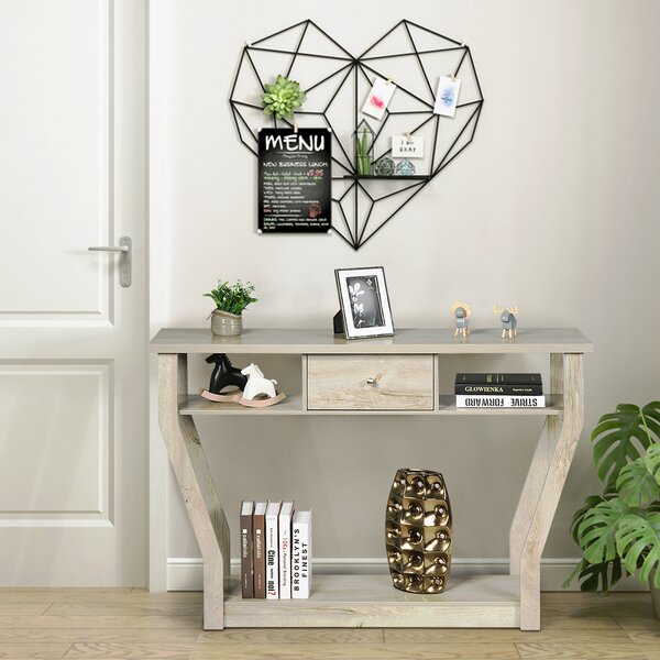 Costway Tavolo con cassetto e 3 ripiani da studio e ufficio, Consolle per ingresso e salone multiuso 120x30x81cm Grigio